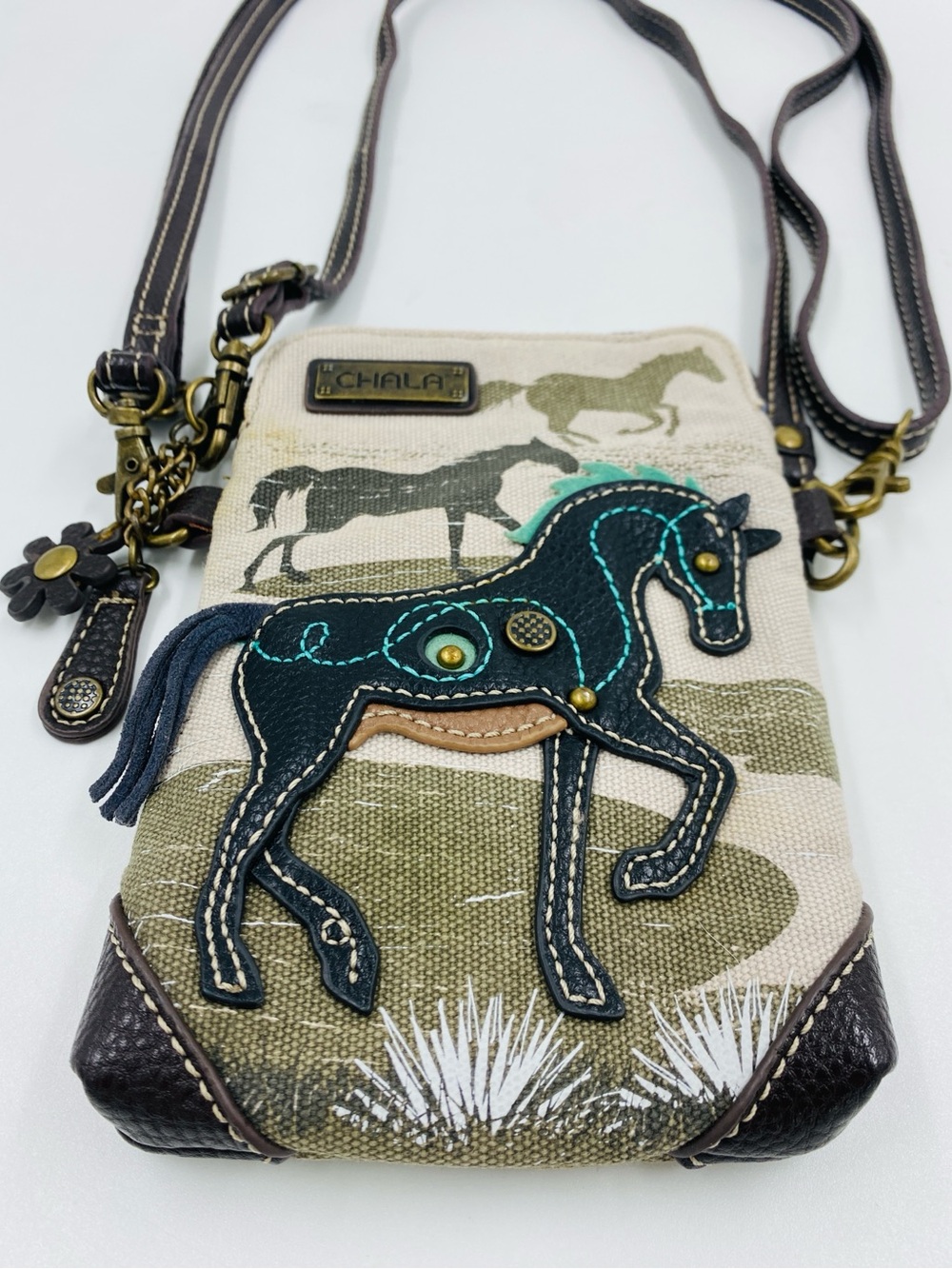 Chala Leather Canvas Horse Convertible Crossbody Purse Shoulder Bag